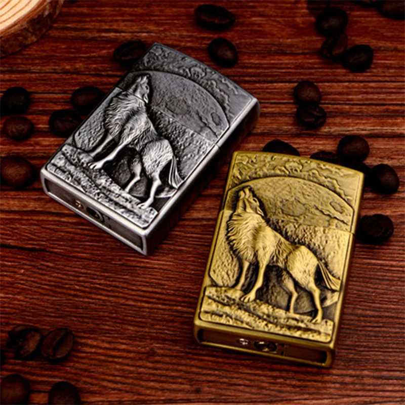 Винтажная рельефная Зажигалка на реактивных колесах Wild Wolf& Moon портативная сигаретная дымовая надувная Классическая Бутановая газовая зажигалка