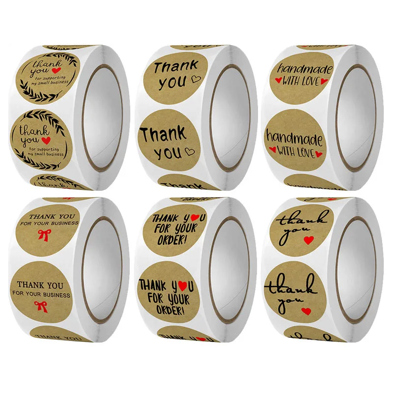 

500pcs 1Inch Thank You With Love Kraft Paper Stickers for Baking Business Hand Made Round Gift Sealing Labels Stickers