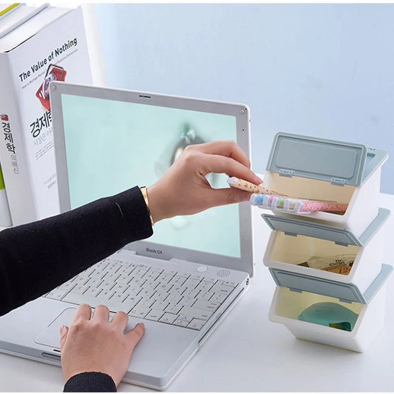 

Desktop Plastic Storage Box Stationery Holder School Office Supplies Storage Box with Cover Stackable HEE889