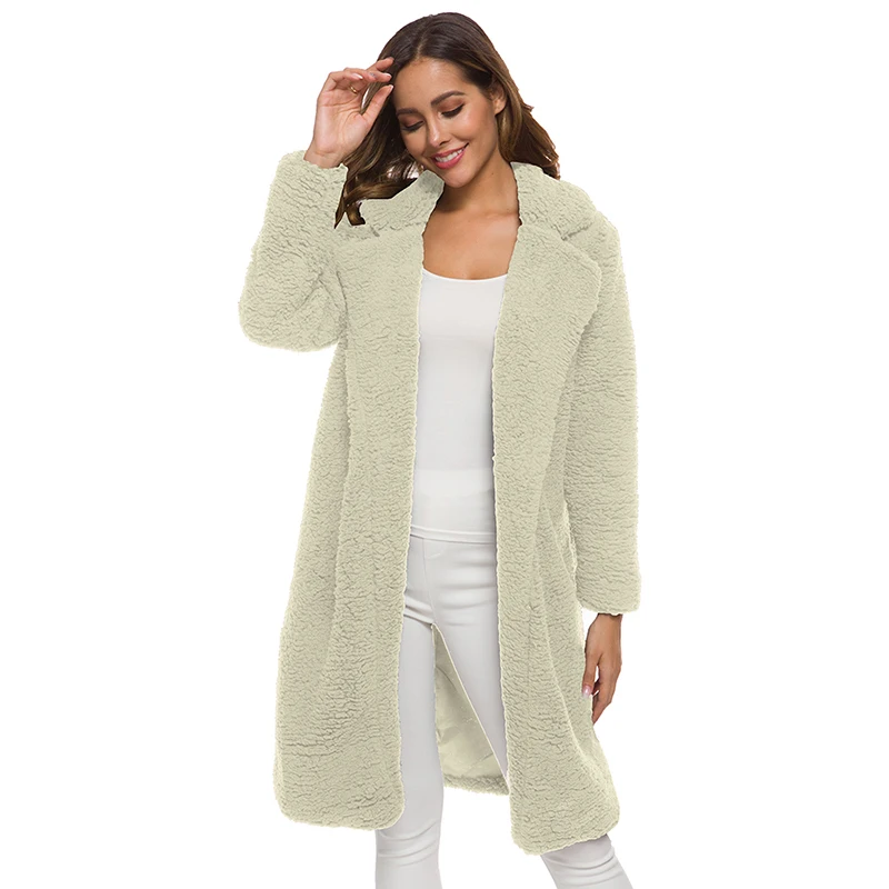 CINESSD Women Autumn Winter Parkas Coat Turn Down Collar Long Sleeves Navy Blue Casual Cardigan Lamb Wool Midi-Length Jackets