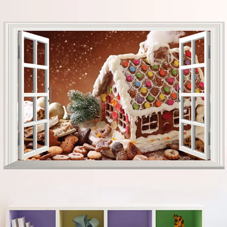 Поддельные окна пейзаж обои рождественские украшения белый снег наклейки на