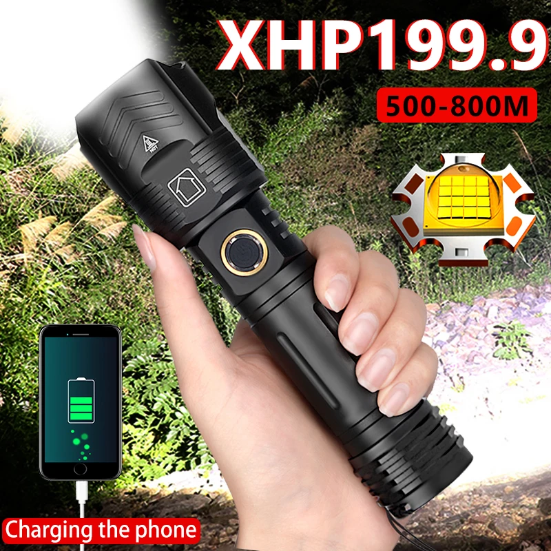 

Мощный светодиодный фонарик XHP199.9, 5000 мАч, перезаряжаемый от USB портативный масштабируемый фонарик IPX65, водонепроницаемый тактический фонар...