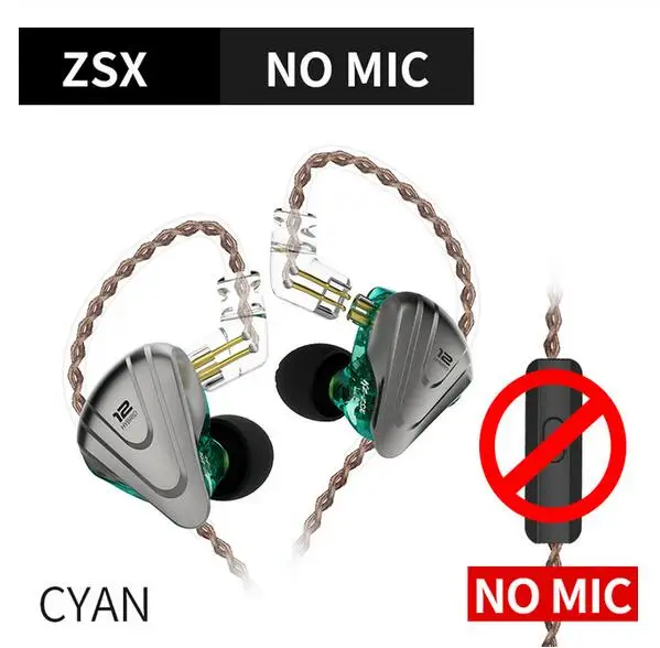 KZ ZSX Терминатор металлическая гарнитура 5BA+ 1DD Гибридный HIFI бас наушники капельки шумоподавление в ухо наушники - Цвет: Cyan no mic