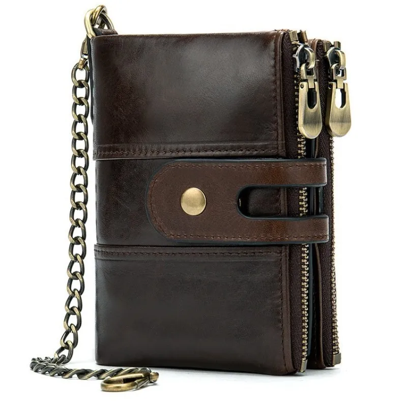 

Genuine Leather Men Wallets Short Credit Business Card Holders Double Zipper Cowhide Leather Wallet Purse Carteira