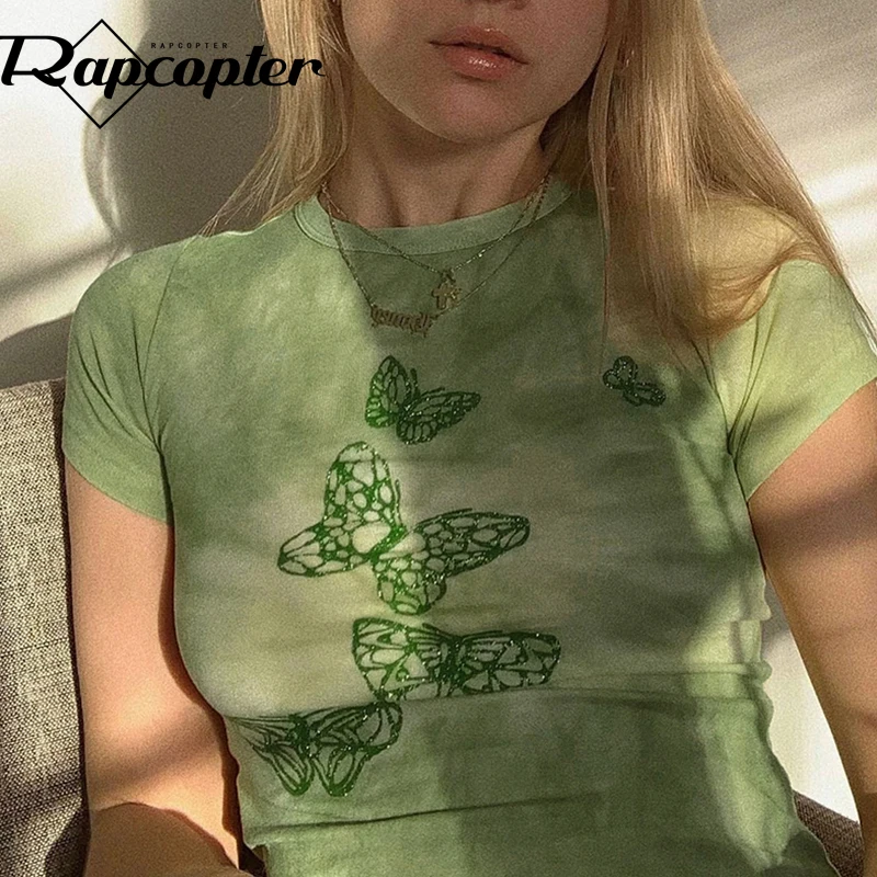 

Rapcopter Butterfly Green Crop Top y2k Aesthetic T Shirt Short Sleeve O Neck Pullovers Women Harajuku Cute Tee Summer Retro 90s