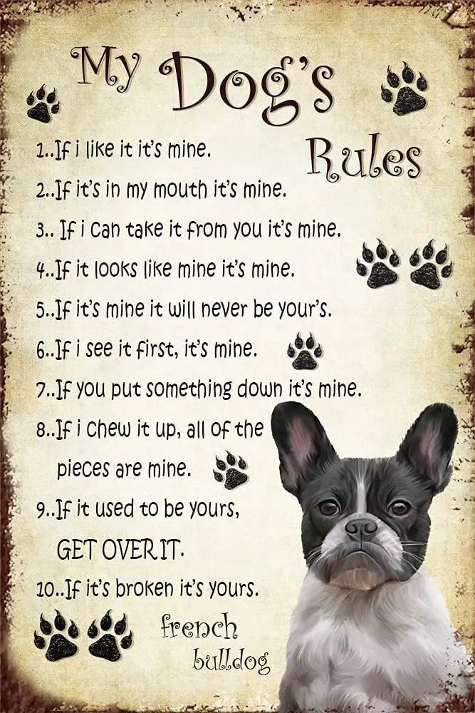 

French Bulldog Rules Vintage Rusty Metal Sign 12" X 8" for Wall Decor for Bars Restaurants Cafes Pubs