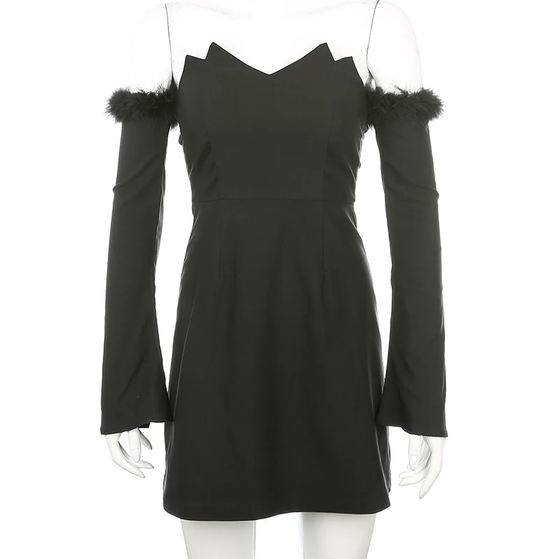 Готическое черное сексуальное Для женщин Слэш шеи перо с длинным рукавом