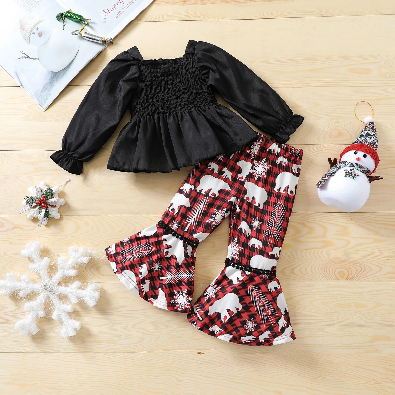 

2Pcs Children's Christmas Sets Solid Long Puff Sleeve Smocked Ruffle Tops Printed Flare pANTS Toddler Girls Spring Autumn 6M-4T
