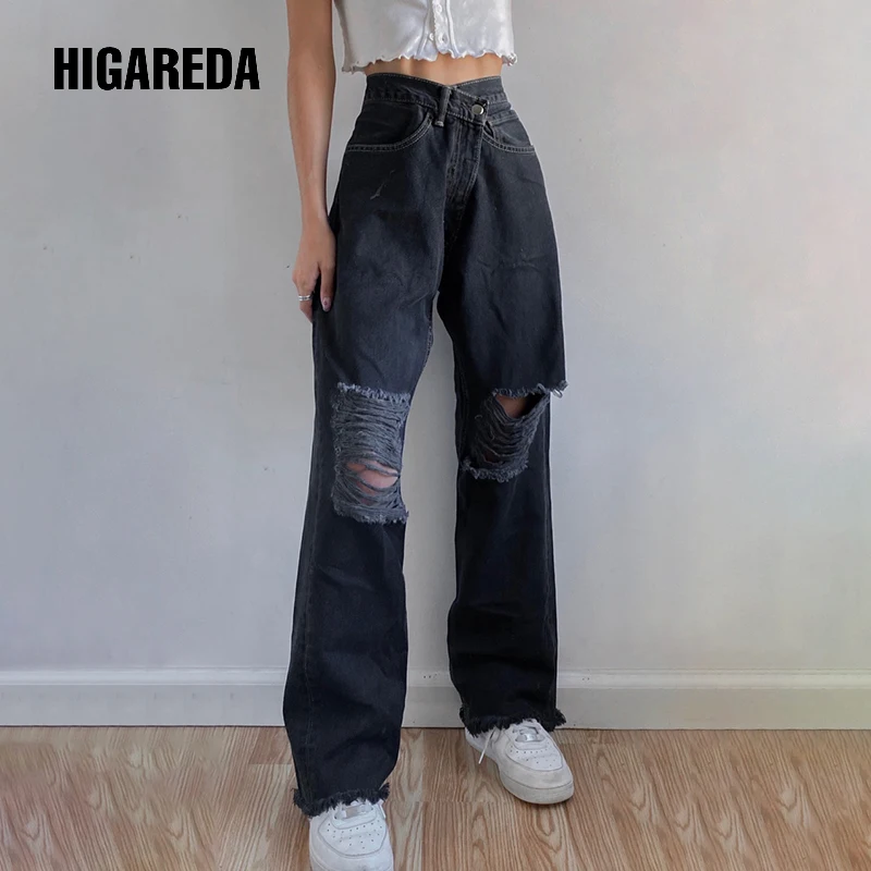 

HIGAREDA Baggy Black Boyfriend Jeans Pants Women Ripped High Waisted Denim Pants Capris Vintage Holes Distressed Trousers Y2K