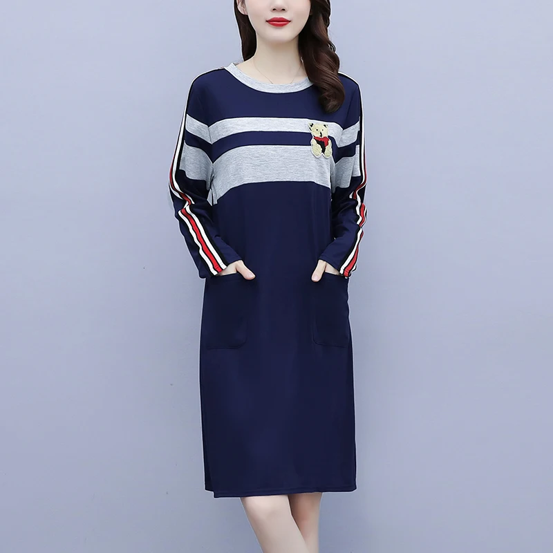 

Платье-футболка в полоску с длинным рукавом, Модные женские свободные блузки, блузы, облегающие повседневные осенние платья, одежда для пол...