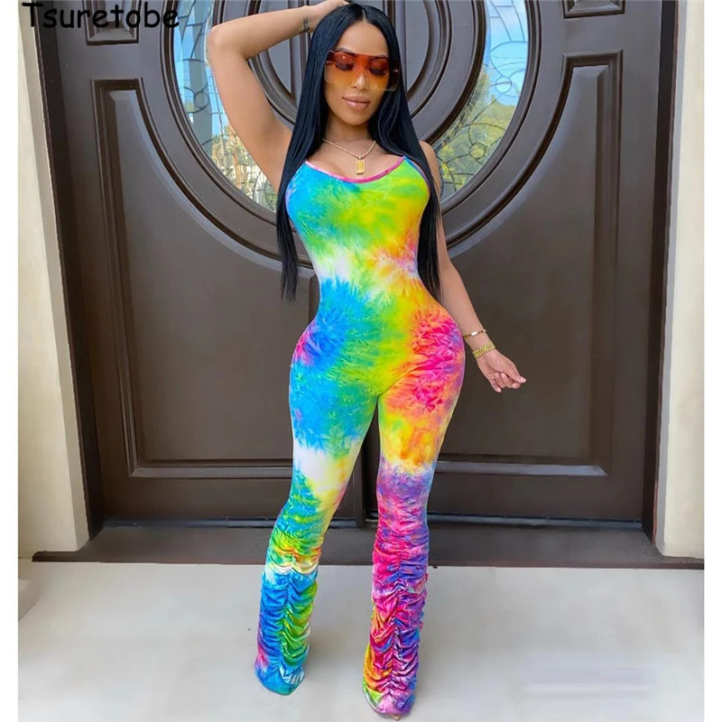 

Tsuretobe Tie Dye Print Jumpsuits Women Pleated Spaghetti Strap Rompers Ladies Stacked Pants Sleeveless Party Club Outfits Femal