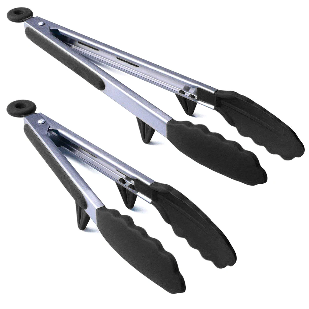 

justdolife 2PCS Silicone Tongs Non-Stick Stainless Steel Non-slip Kitchen Barbecue Cooking Tongs Food Tongs with Stand