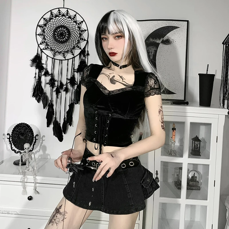 Сексуальные черные футболки InsGoth в эстетике винтажные сексуальные кружевные