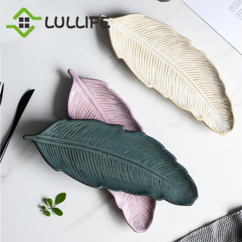 Креативная керамическая тарелка в форме листа плитка для суши десертная торта