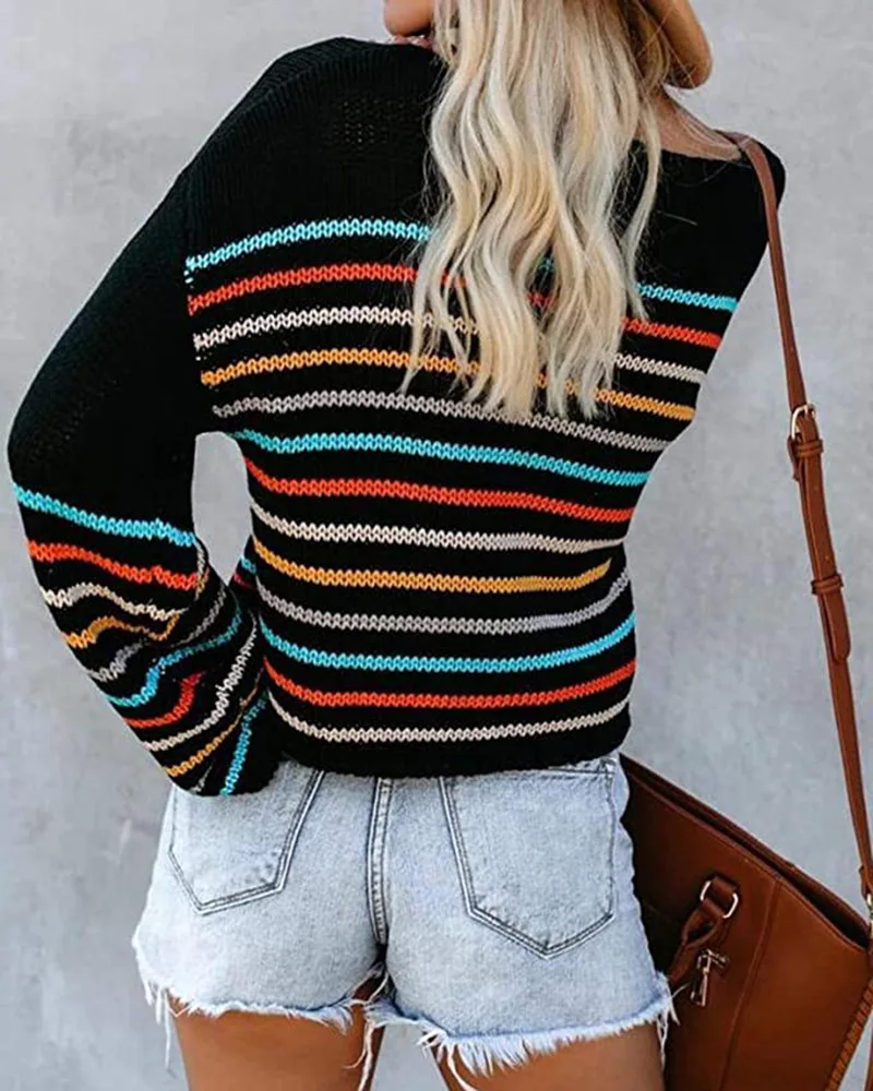 

Autumn Colorful Striped Sweater Women 2020 New Fashion Pullover O-neck Long Sleeve Knitted Sweater Ladies Casual Girl Top Casual