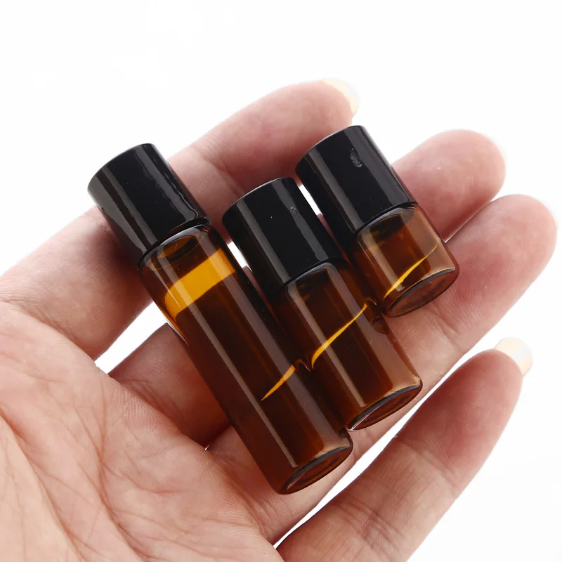 

100pcs 1ml 2ml 3ml 5ml amber Glass Perfume Bottles With Roll On Empty Cosmetic Essential Oil Vial For Traveler With steel Ball