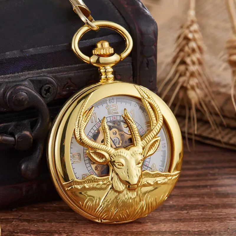 

Luxury Golden Deer Head Carving Design Mechanical Pocket Watch FOB Waist Chain Hollow Steampunk Skeleton Hand Wind Mens Clock