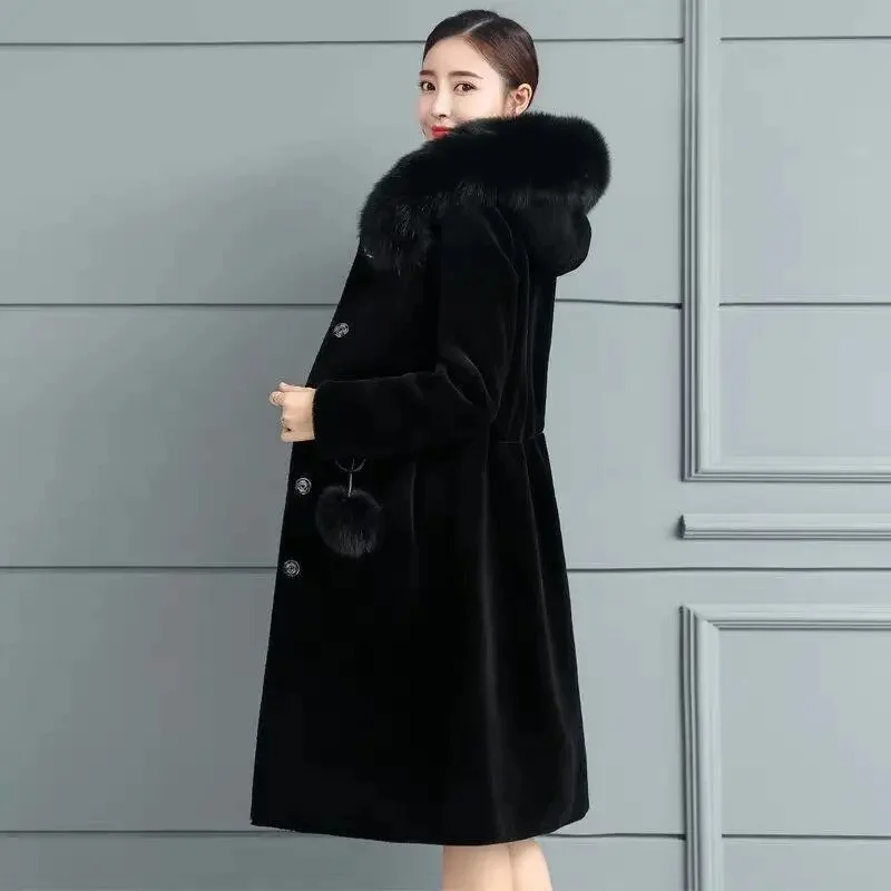 2022 Autumn Winter Mink Velvet Faux Fur Hooded Jacket Female New Slim Fashion Thicken Coat Women Mid-length Mink Fur CoatA538