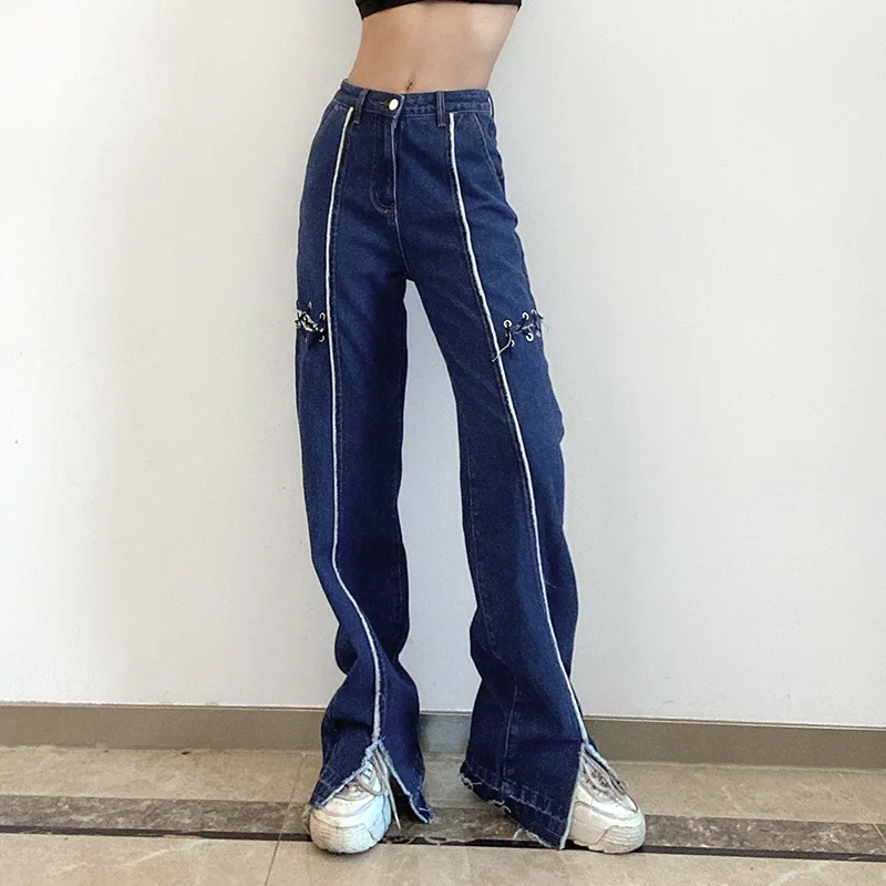 

Blue Denim Trousers Women 2021 Harajuku Sexy Bandage Hollow Out Jeans Pants Patchwork Split Street Full Length Aesthetic Capris