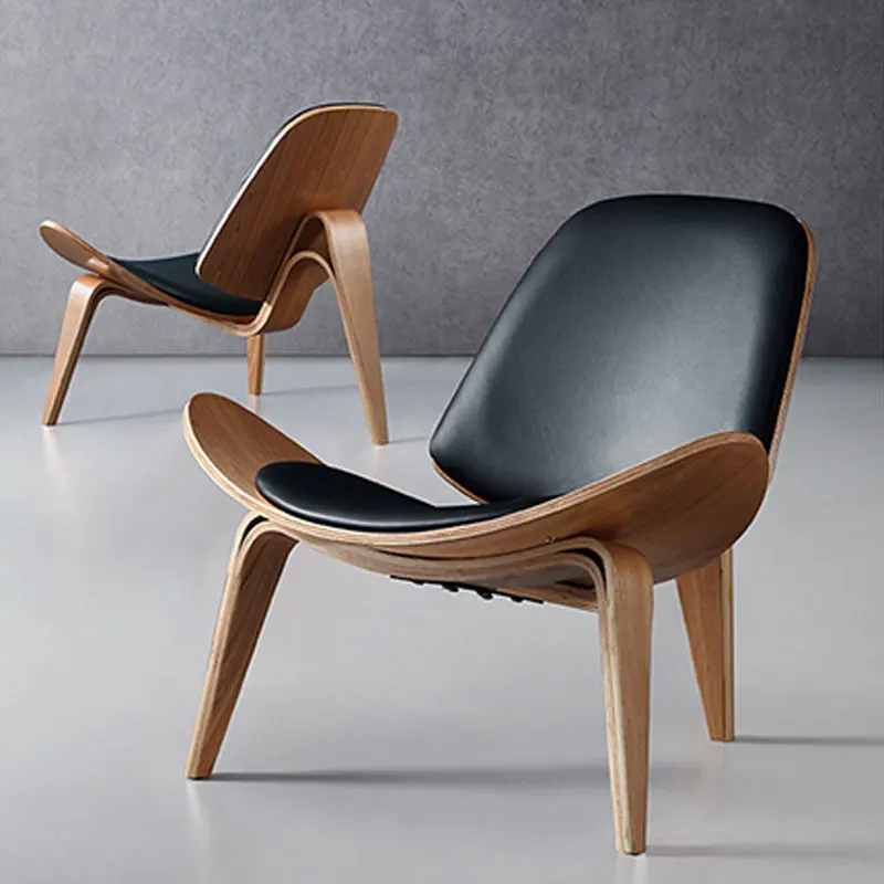 

Nordic Solid Wood Three-Legged Shell Chair Ash Plywood Black Faux Leather Living Room Furniture Modern Leisure Chair