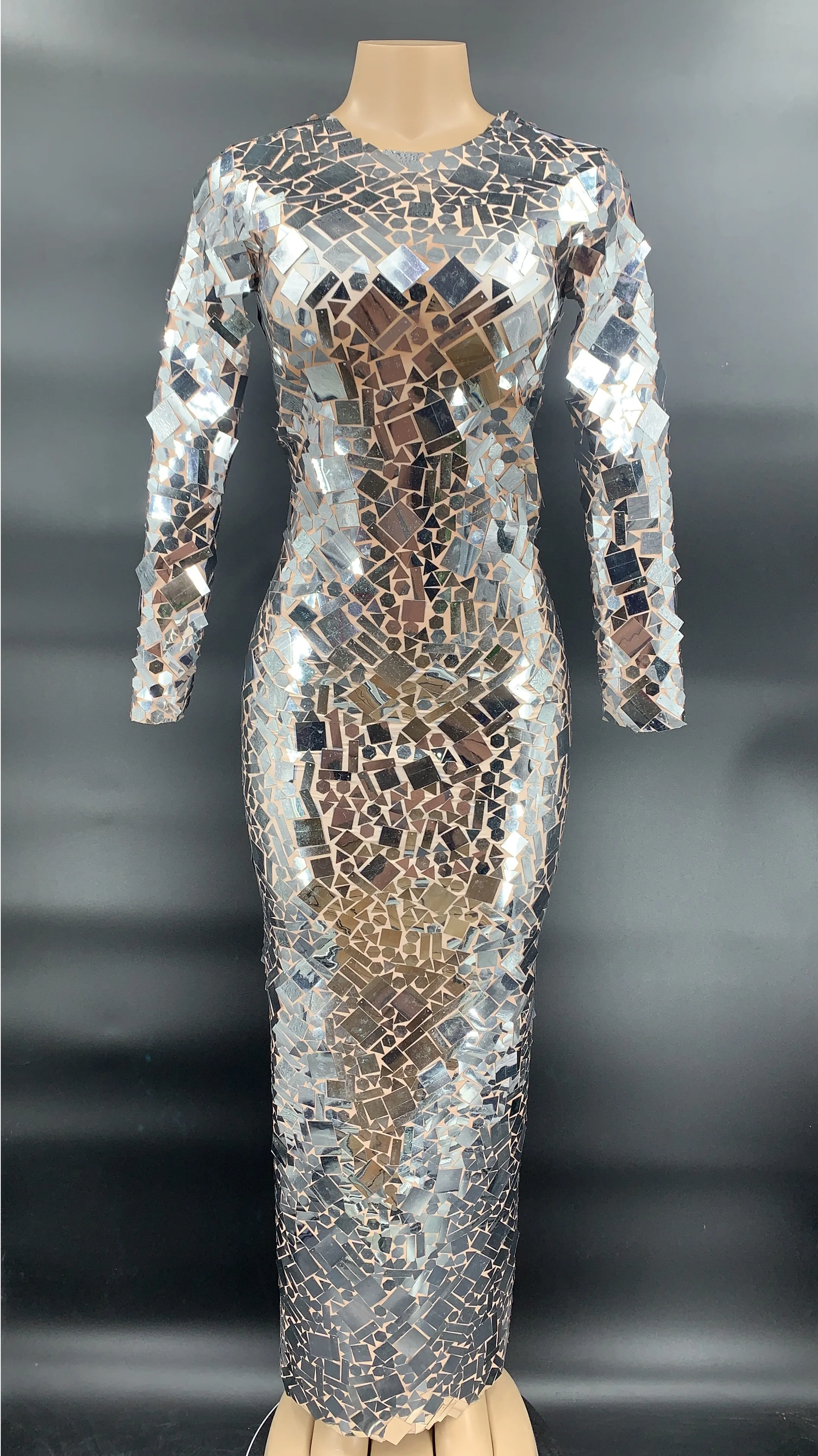 

Nightclub Sexy Stage Shining Silver Mirror Mesh Long Dress Birthday Celebrate Transparent Prom Sequins Dress Women Dancer Outfit