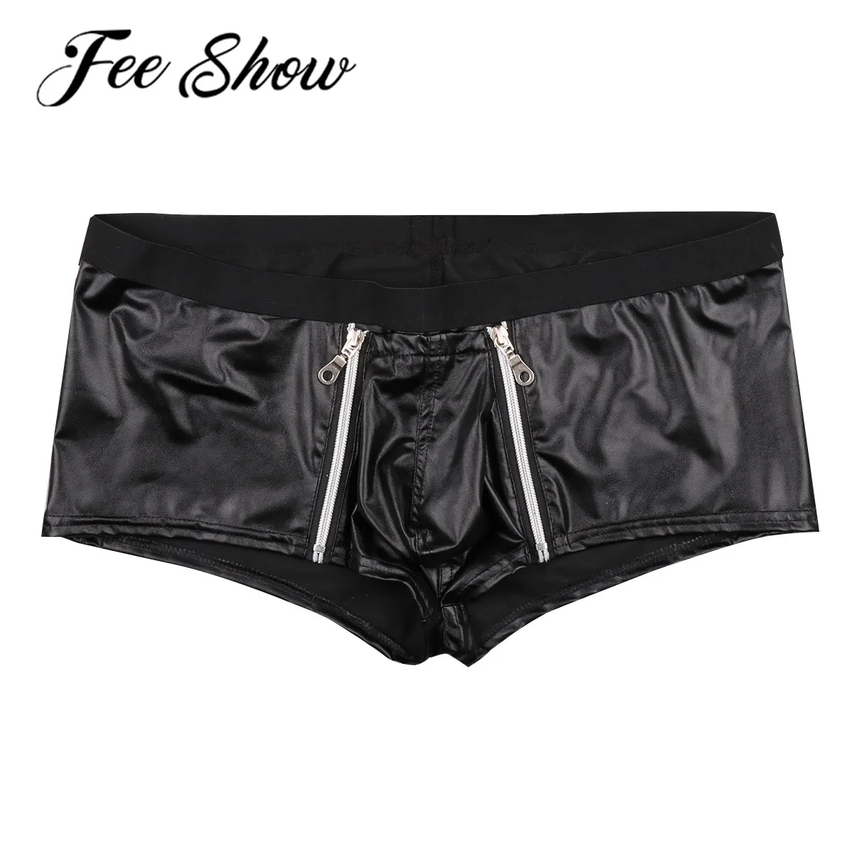 FEESHOW черные мужские сексуальные лакированные кожаные шорты боксеры бандаж