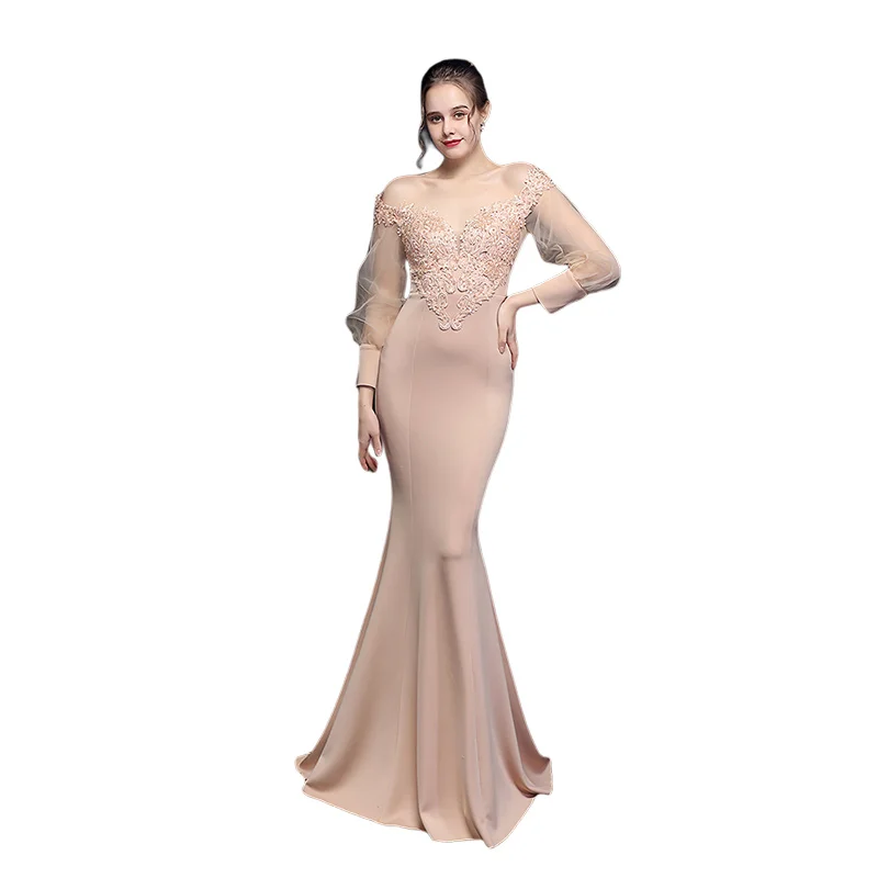 

Sexy Mermaid Formal Backless Celebrity Elegance Satin Weave Appliques Long Sleeve Evening Dresses Party Prom Dress Soiree