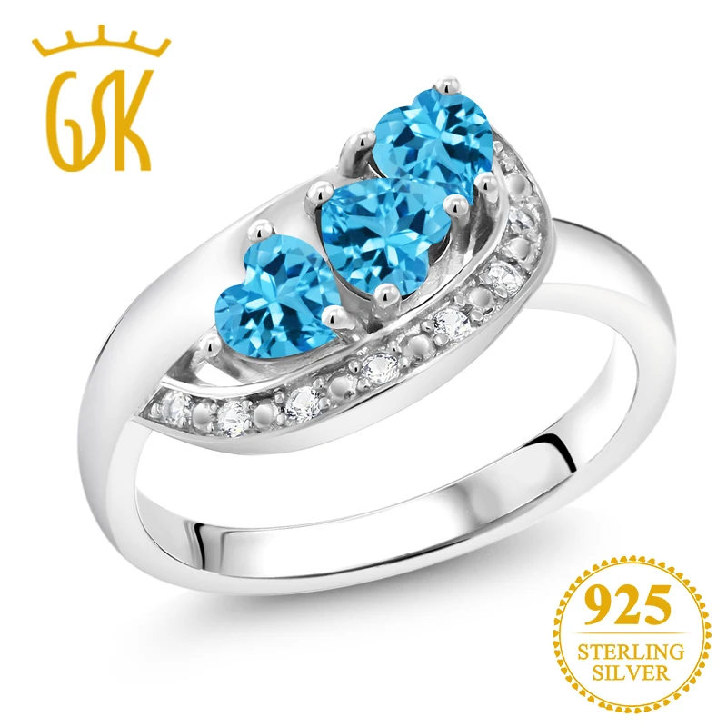 GemStoneKing 1 05 Ct естественная форма сердца голубой топаз 3 камня кольцо серебро 925