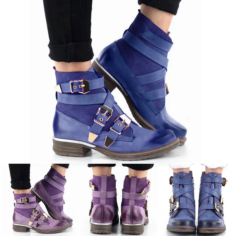 HEFLASHOR Fashion Women Boots Purple Short Ankle Boots Genuine Leather Blue Winter Strapped Buckle Short Boot Women Shoes