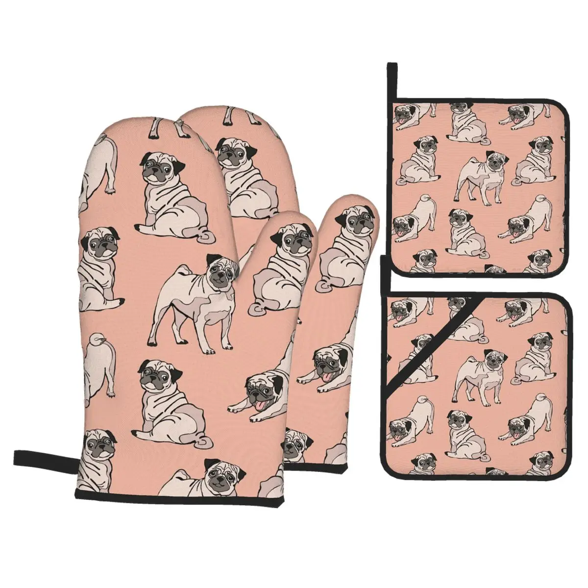 

4 Set of Kitchen Gloves Insulation Cute Pug Dogs Pink Pad Cooking Microwave Gloves Baking BBQ Oven Potholders Mitts