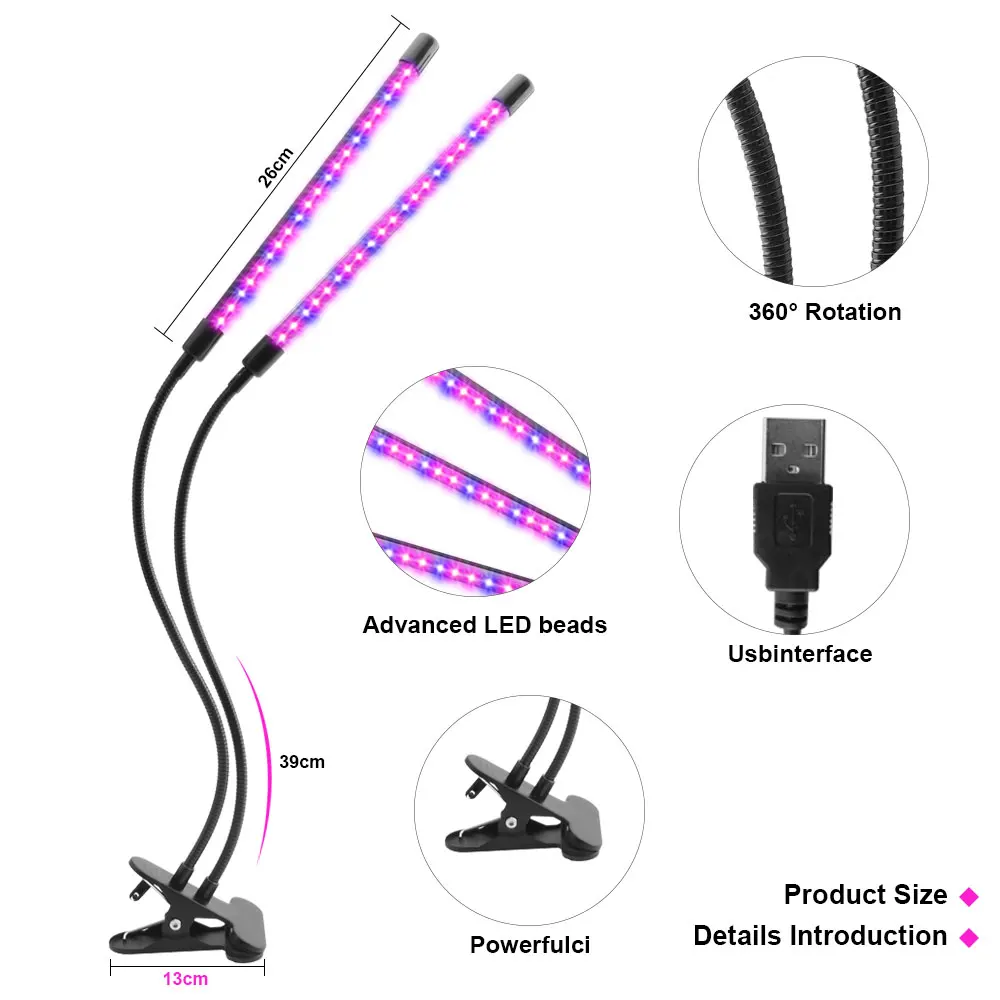 

LED Grow Light Phyto Lamp For Greenhouse Grow Tent Grow Box Plants USB Phyto Indoor Lighting Full Spectrum 5 Heads 360 Rotation