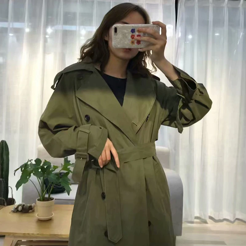 Тренчкот женский длинный с поясом модная двубортная Повседневная ветровка в