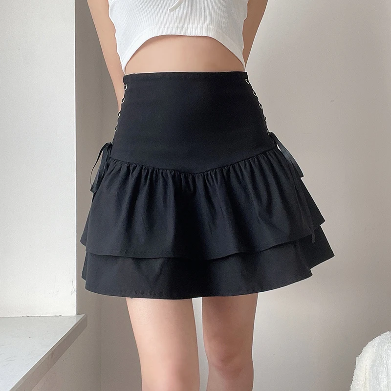 

Women's Solid Shirred High Waist Layered Ruffle Hem Flared Mini Skirt Korean Style Skater Skirt Gothic Punk Skirt Harajuku