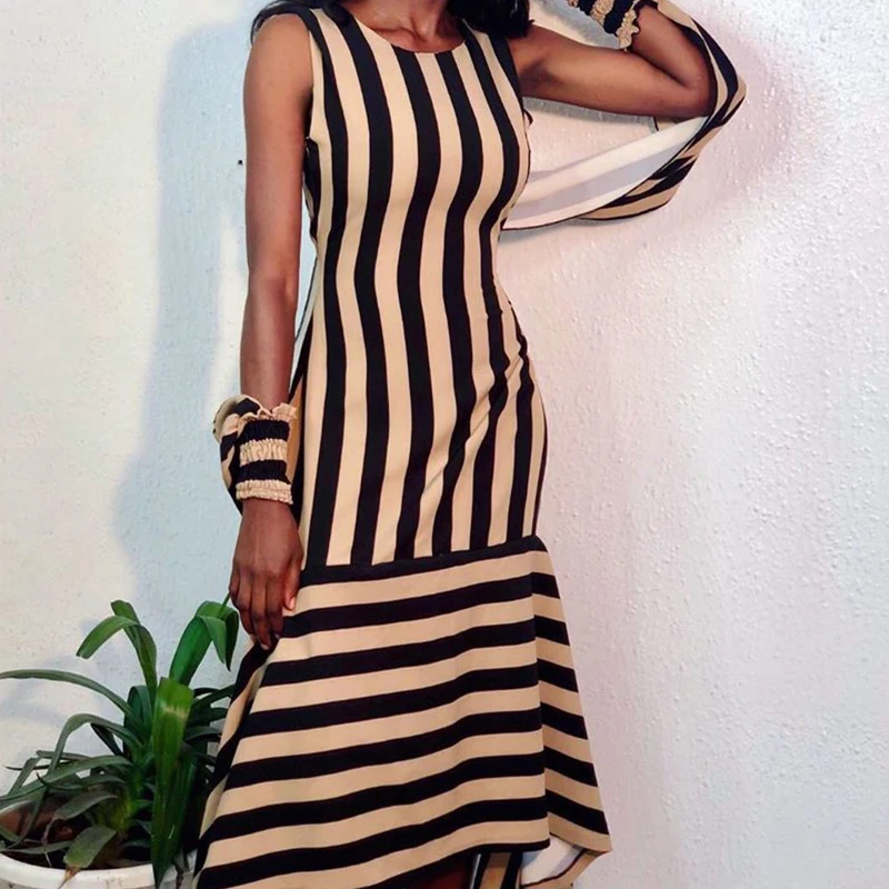 Женское асимметричное длинное платье в полоску с рукавами летучая мышь