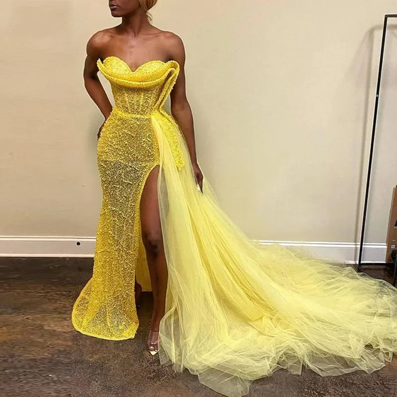 

Женское вечернее платье с юбкой годе, желтое платье без рукавов с разрезом, длинными бусинами и шлейфом, на молнии сзади