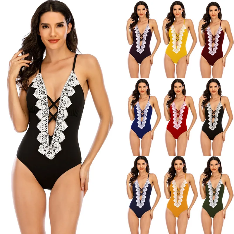 

Women Swimwear 2021 One Piece Bathing Suit Solid Color Deep-V Monokini Bandage Sexy Beach Wear Hollow Out Summer Swimsuit