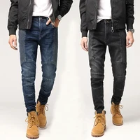 american street style fashion men jeans elastic slim fit spliced designer biker jeans men retro black hip hop denim punk pants