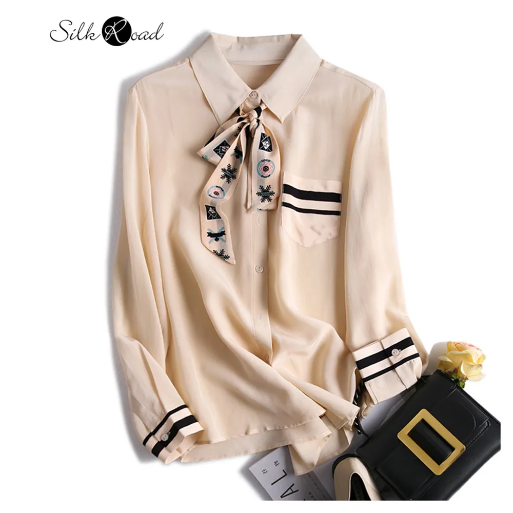 Silviye Simple ribbon silk shirt with top blusas mujer de moda 2020