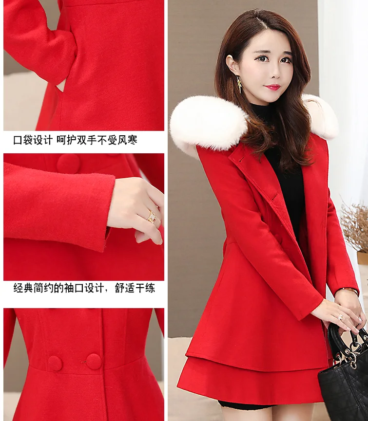 

Autumn Winter Women's Korean Single-breasted Wool Coat Elegant Slim Fit Solid Hooded Woolen Coats Woman Warm Overcoat Red White