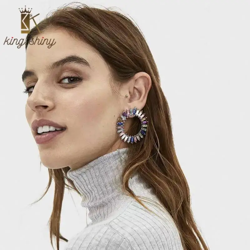 

2021 New Arrival Za Brand Round Crystal Stud Earrings Vintage Geometric Sparkly Rhinestone Statement Earrings Girl Party Jewelry