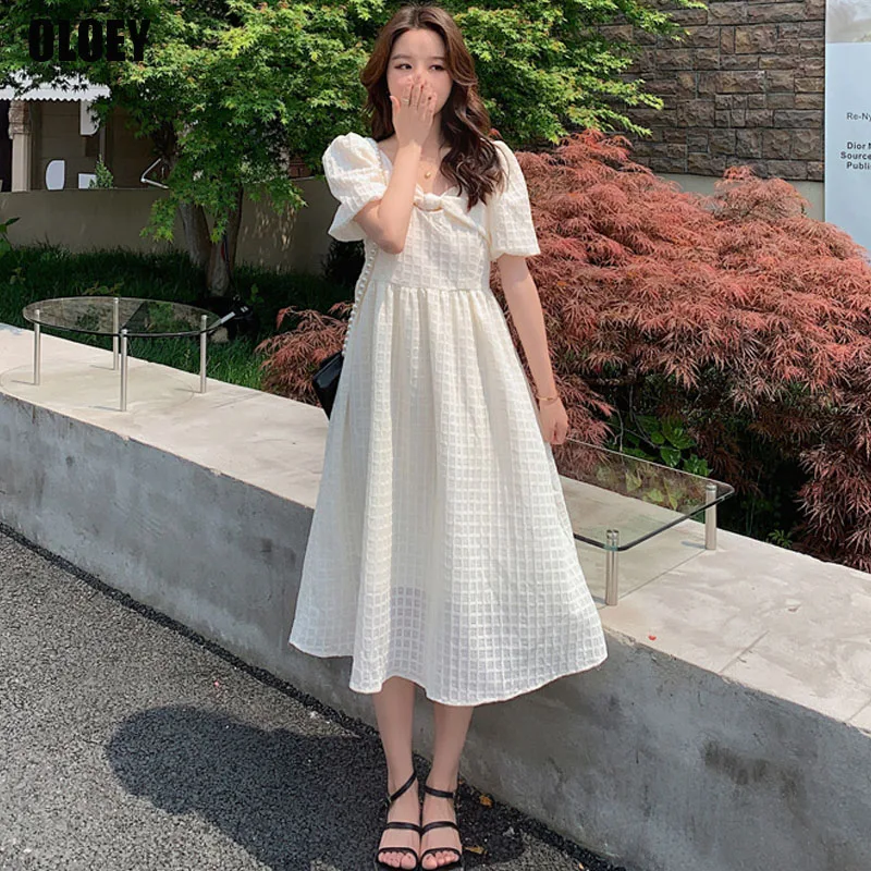 

White Sweet Fairy Wedding Robes Dress Korean Women 2021 Summer French Square Collar Check Chiffon Prom Vestido Mujer Midi Dress
