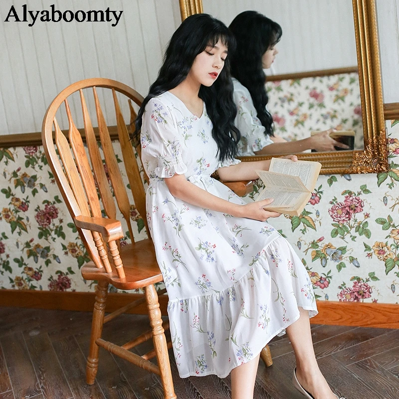 2020 New Summer Women Floral Long Dress V Neck Flowers Printed High Waist Vestidos Femininos Chiffon Ruffles Mori Girl Dresses | Женская