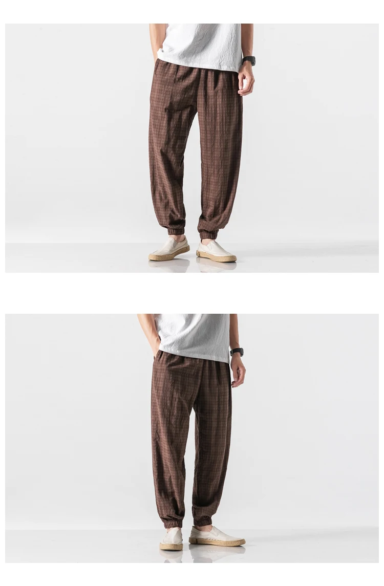 Autumn New Casual Pants Men Cotton Linen Slim Fit Grid Fashion Trousers Male Brand Clothing Plus Size 5XL Y1864