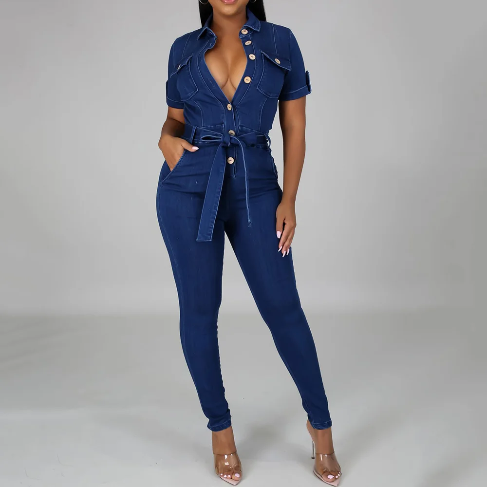 

Blue Denim Jumpsuit Women Summer 2022 Short Sleebe High Waist Skinny Female Casual Denim Long Jumpsuits Romper One Piece Overall