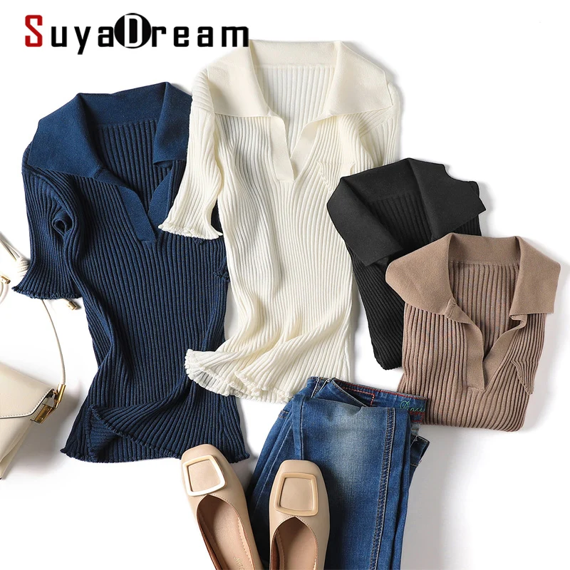 

SuyaDream Women Sweaters 2021 Winter Wool Blend Short Sleeves Ribs Turn Down Collar Pullovers 2021 Fall Winter Chic Top