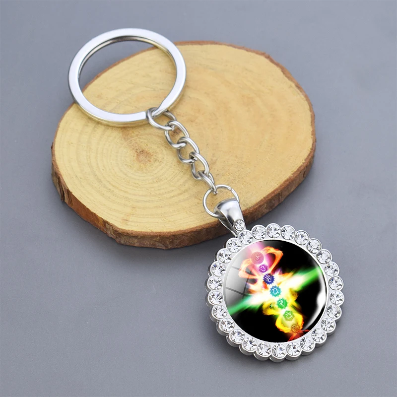Брелок с мандалой подвеска стразы религиозный 7 шаркра стеклянный кабошон брелок