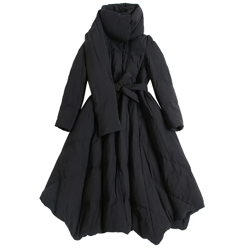 

Design Scarf Detachable Thickened Women's Down Jacket Irregular Asymmetric Women Coats and Jackets Winter Warm Covered Button