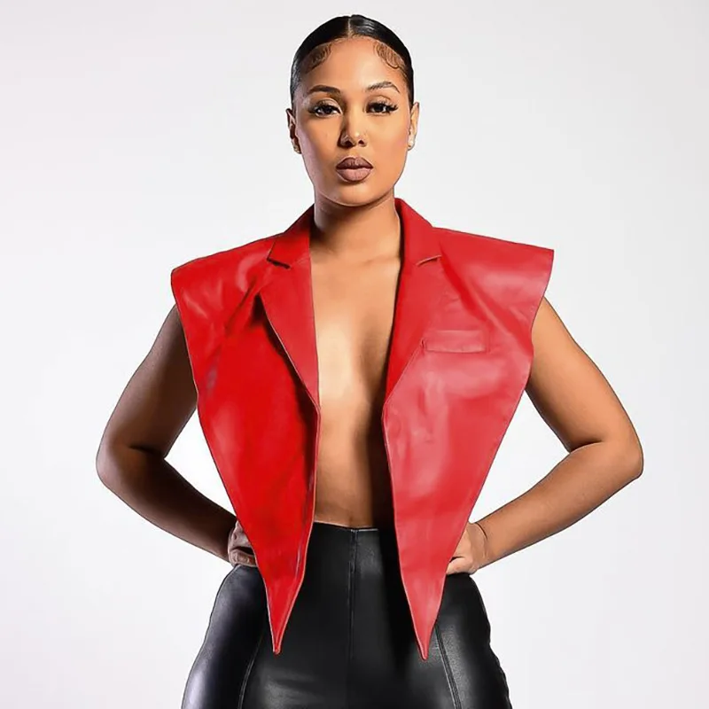 

Women Vest Winter Solid Pu Leather Jacket Women Fashion Hollow Out Backless Sleeveless Sexy Streetwear Lapel Cardigan Women Clot