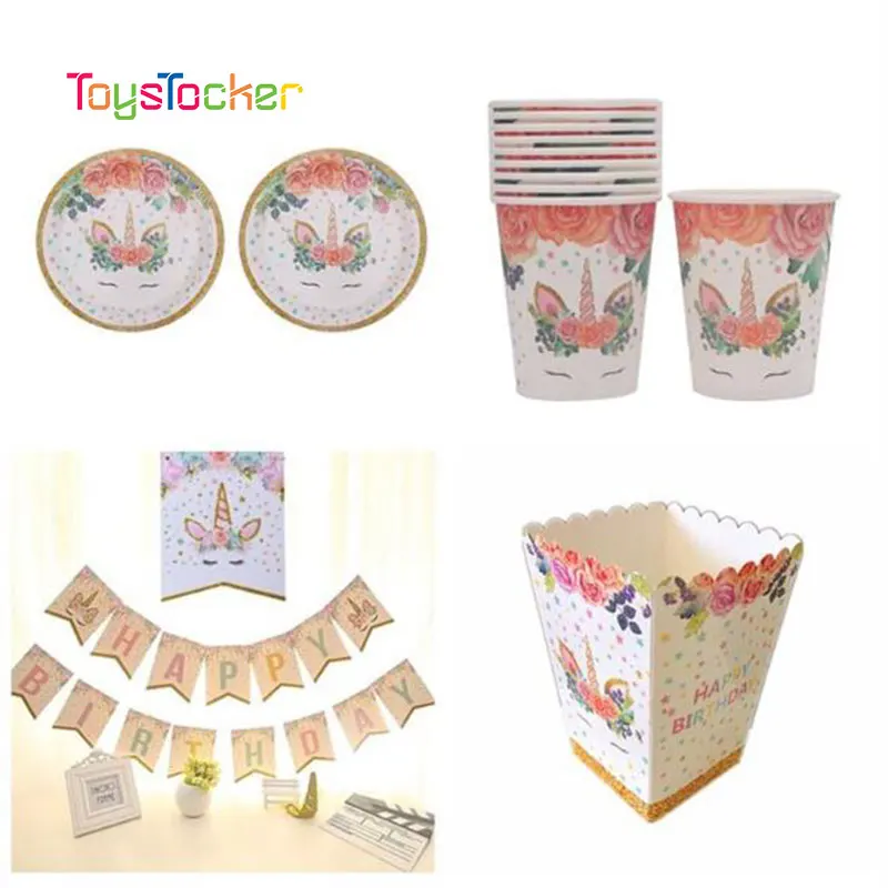 Единорог День Рождения декорации одноразовые набор столовых приборов шар чашки