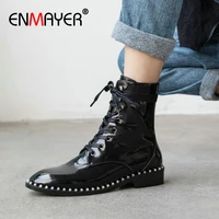 enmayer 2019 winter boots women lace up basic pointed toe fashion ankle boots for women square med heel leather women shoes